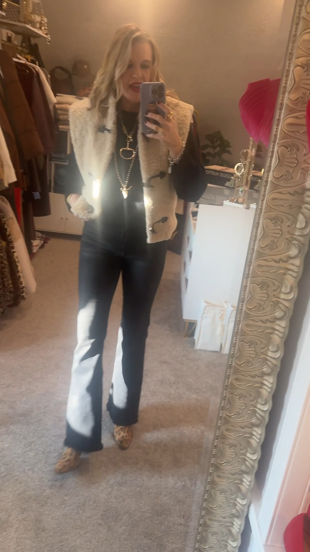 Winter outfit inspo

All black and a pop of cream Sherpa… 

Black flare raw hem jeans by risen, under $80 fit great, soft and fit tts in a size 27 

Quince cashmere black sweater, soft and comfy tts in a small

Amazon find Sherpa vest with toggle closet  fits tts in a med 
On sale $19.99

Handmade necklace horse but come in gold a.nd silver  under $60 

Handmade cow head long necklace (linked similar) 

Leopard cow boy boots 

Stack of gold beaded bracelets (wearing 2 stacks) Amazon find

Earrings and ring Julie Vos 


#LTKootd #LTKSaleAlert #LTKFindsUnder100