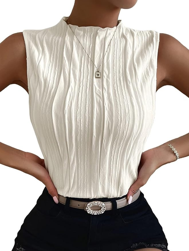 Verdusa Women's Sleeveless Mock Neck Textured Tank Top Corporate Business Office Outfits Trendy | Amazon (US)