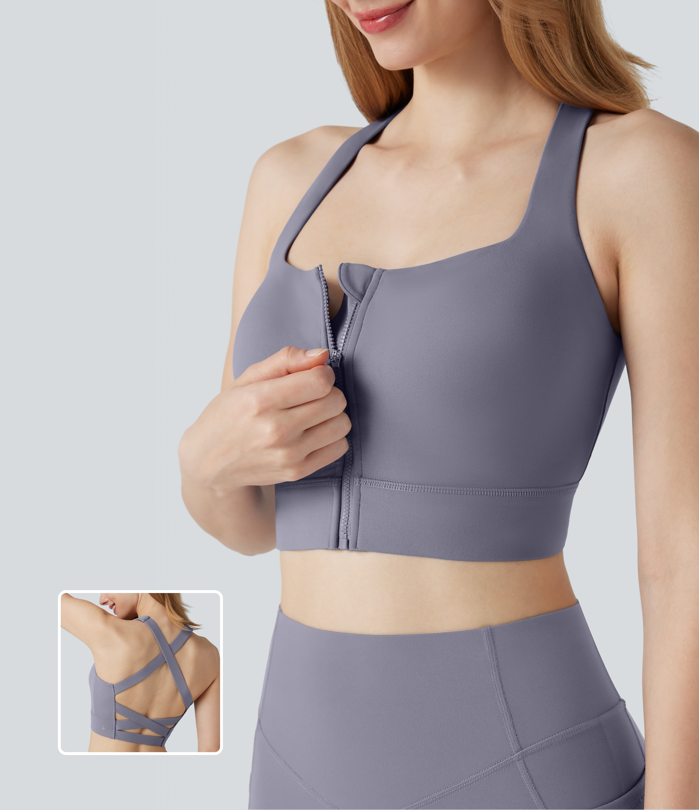 Halara Halara UltraSculpt™ Medium Support Square Neck Zipper Running Sports Bra  - Falling Gray Purple - M push up bra strapless bra | HALARA