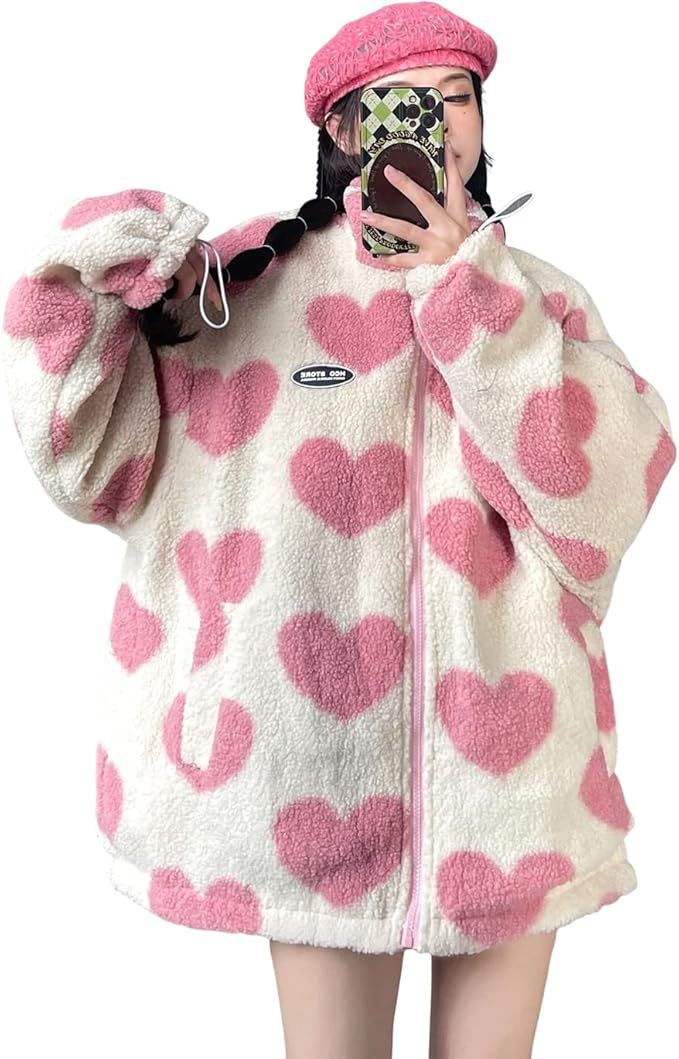 Women's Fleece Sherpa Jackets Reversible Kawaii Heart Print Fuzzy Zip Up Coats Aesthetic Y2k Wint... | Amazon (US)