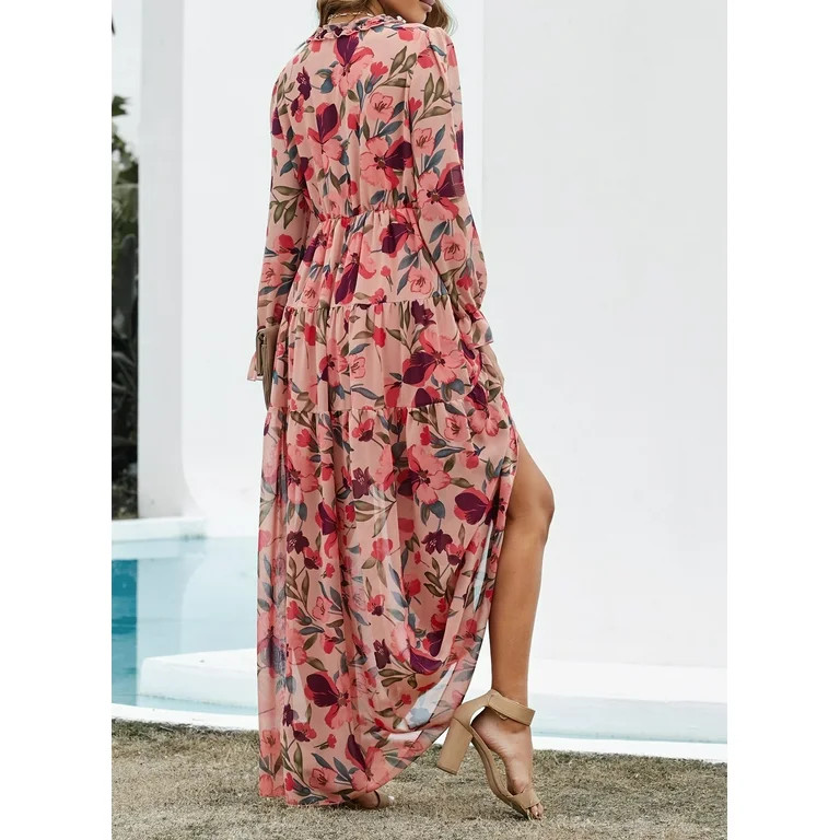 Dokotoo Women's Red Floral Maxi Dresses Casual Deep V Neck Long Sleeve Evening Dress Cocktail Par... | Walmart (US)