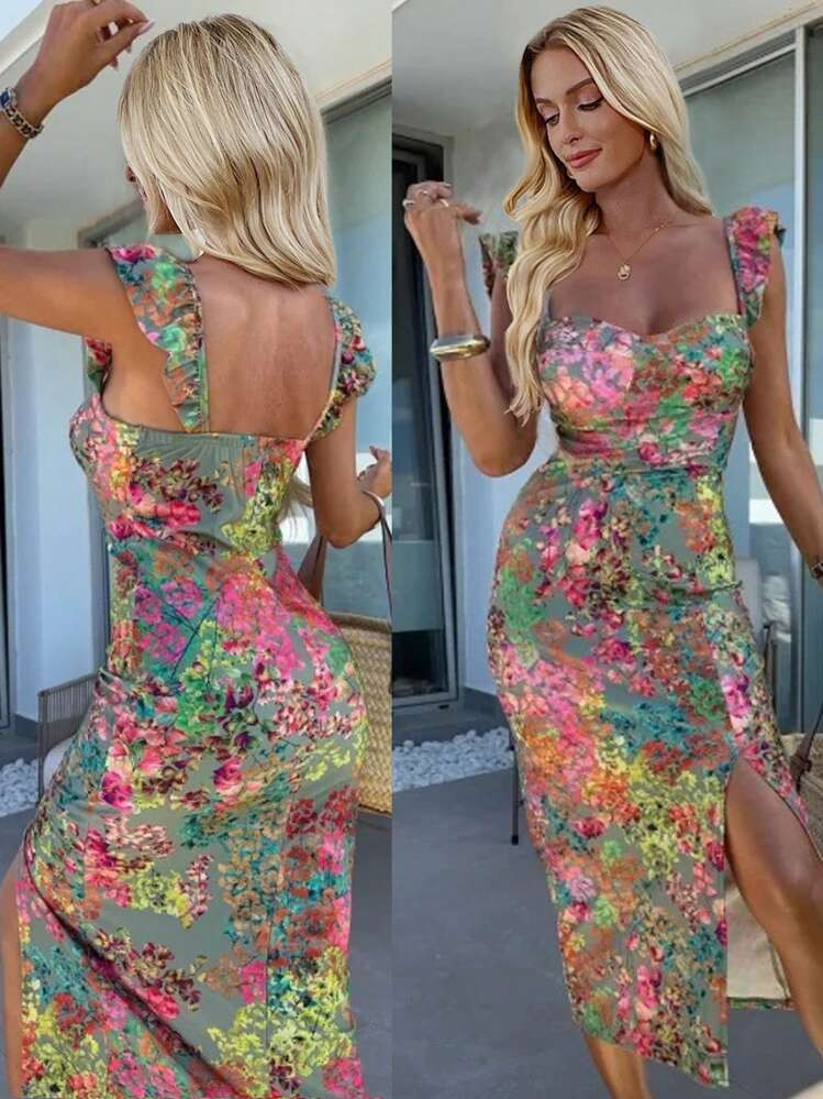 Women's Floral Print Split Midi Dress, Summer | SHEIN