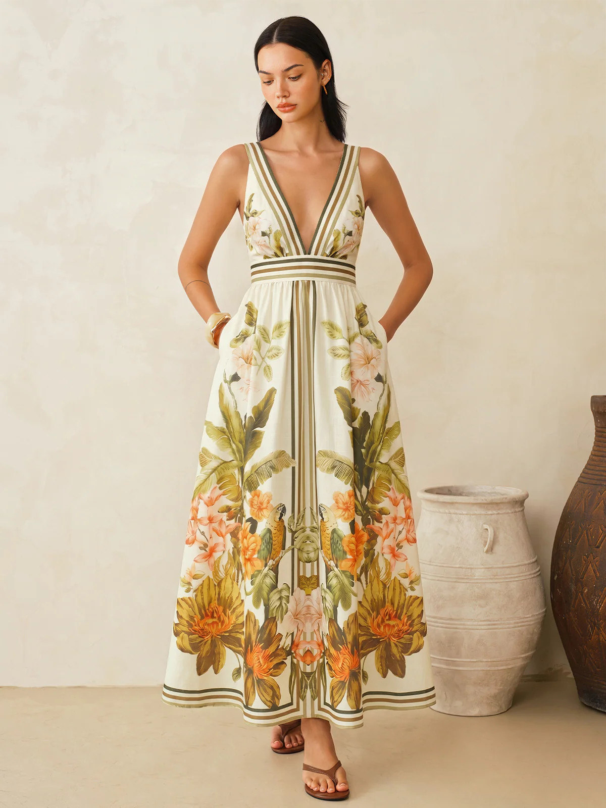 Tropical Floral Print Deep V-Neck Maxi Dress | Commense
