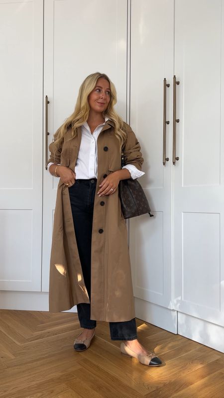 Everyday casual Parisian chic outfit. White shirt, black jeans, ballet flats and trench coat 

#LTKstyletip #LTKshoecrush #LTKeurope