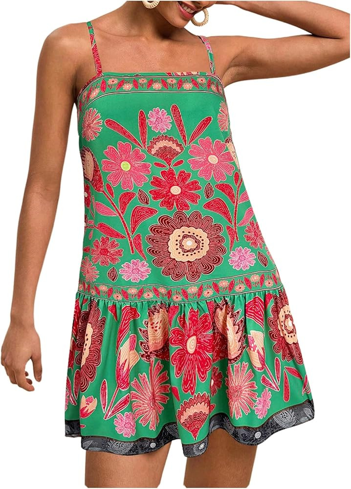 RoseSeek Women's Floral Boho Flowy Mini Cami Dress Ruffle Hem Spaghetti Strap Vacation Tank Dress... | Amazon (US)