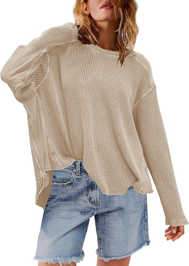 Yanekop Womens Waffle Knit Tops Long Sleeve Tunic Top Oversized T Shirts Crewneck Casual Pullover... | Amazon (US)