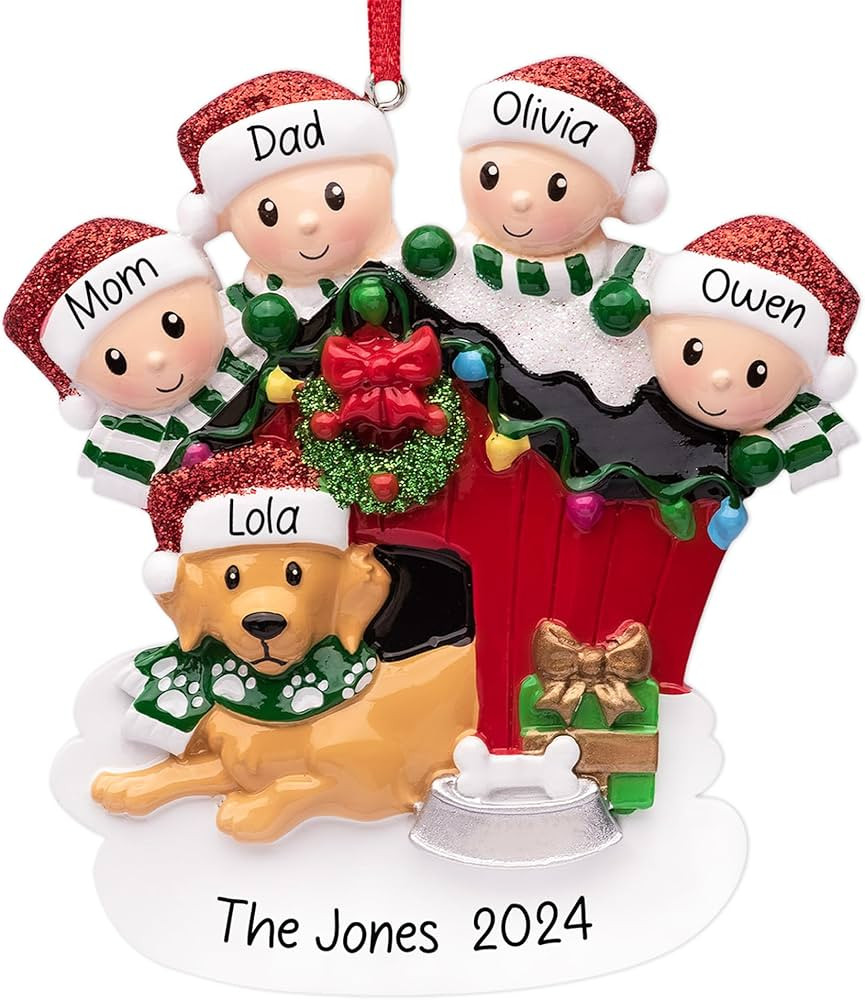 Personalized Family of 4 with Dog Christmas Ornament 2024 | Parents Kids & Puppy with Doghouse Cu... | Amazon (US)
