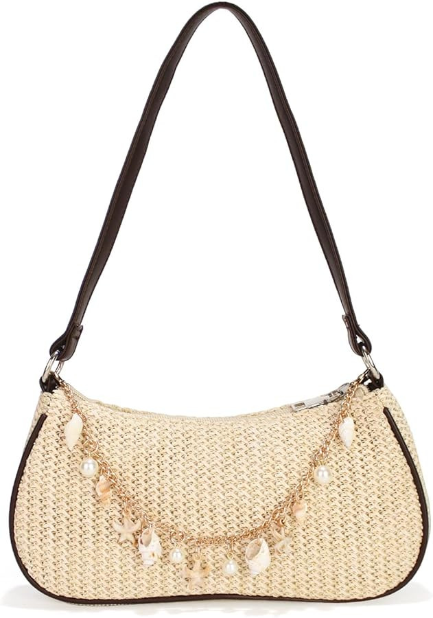 Women's Boho Seashell Pearl Beaded Straw Clutch Purse Summer Woven Beach Bag Vacation Shoulder Ha... | Amazon (US)