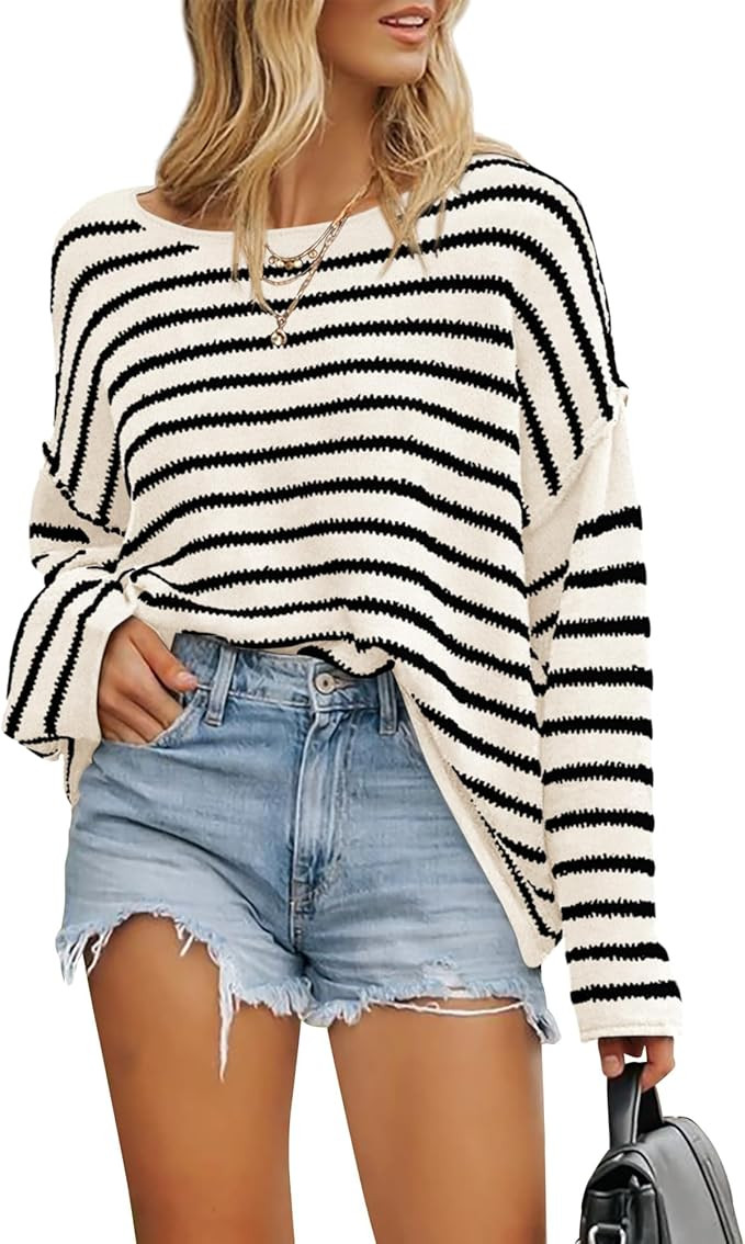 BTFBM Women's Striped Knit Sweaters 2024 Fall Winter Boat Neck Drop Shoulder Long Sleeve Oversize... | Amazon (US)