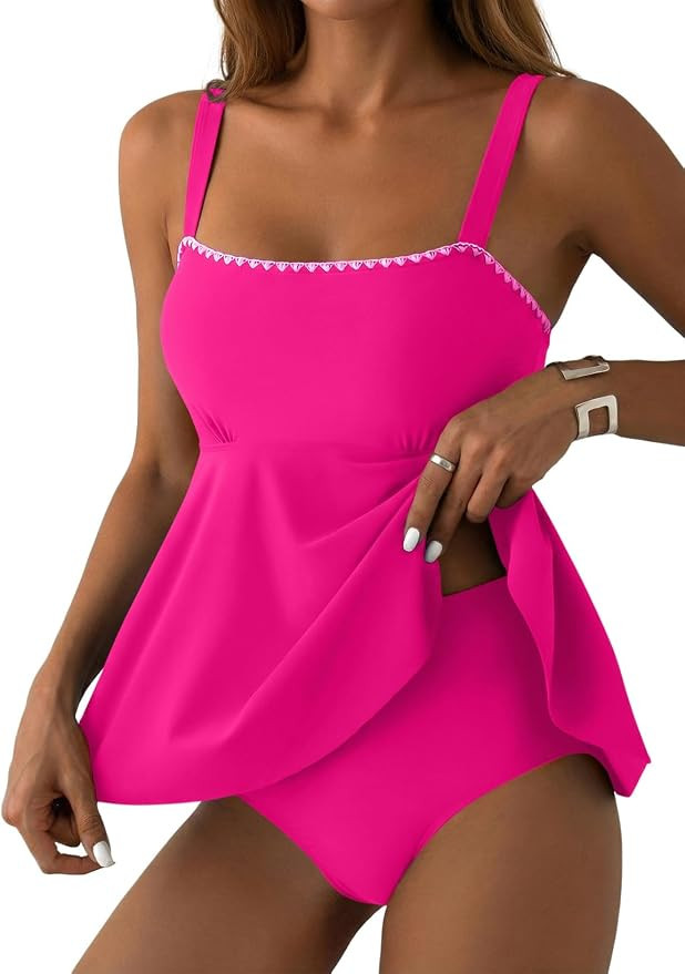 Aleumdr Tankini Swimsuits for Women Modest Two Piece Bathing Suit Square Neck Swim Top with High ... | Amazon (US)