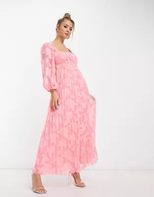 ASOS DESIGN sweetheart neckline burnout pleated midi dress in pink | ASOS (Global)