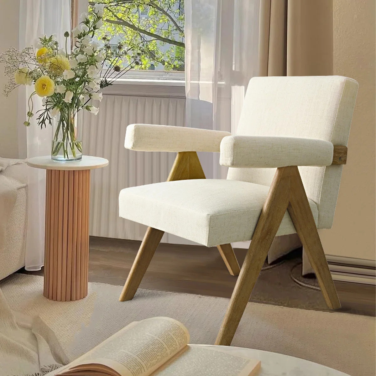 20" Seat Height Linen Upholstered Wood Dining Arm Chair | Wayfair North America