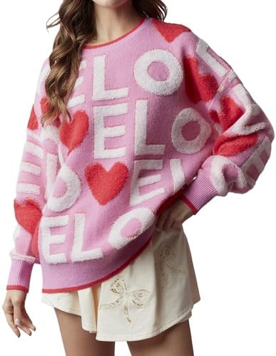 Women's Valentine Heart Sweater Cute Crewneck Romantic Pullover Top Love Print Oversized Knitted ... | Amazon (US)