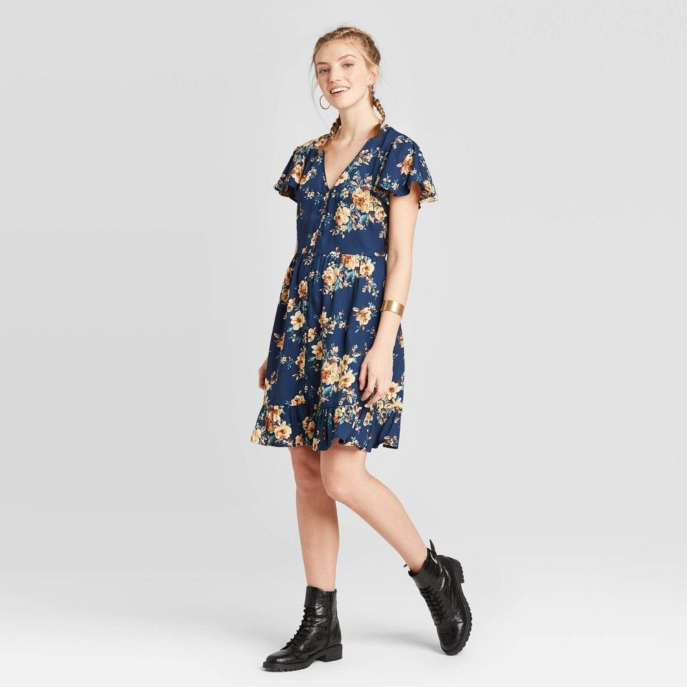 Women's Floral Print Short Sleeve V-Neck Button-Down Dress - Xhilaration Navy XS, Blue | Target
