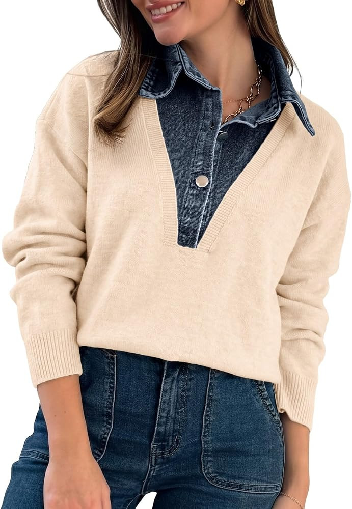 EVALESS Fall Sweaters for Women Long Sleeve Denim Lapel V Neck Polo Sweater | Amazon (US)