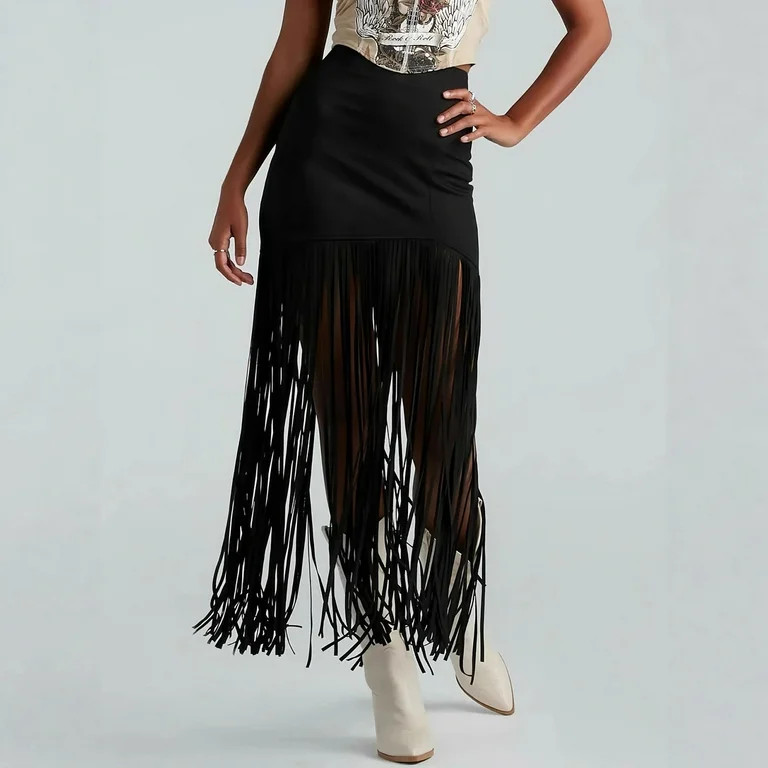 Women High-Waisted Bodycon Suede Skirts Long Fringe Hem Solid Color Western Festival Skirt Black ... | Walmart (US)