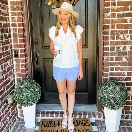 Cute summer outfit.
Striped shorts | summer shorts | blouse | ruffle sleeve top | hat | sandals | wedges | Amazon | summer outfit | casual outfit 

#LTKsalealert #LTKfindsunder50 #LTKstyletip