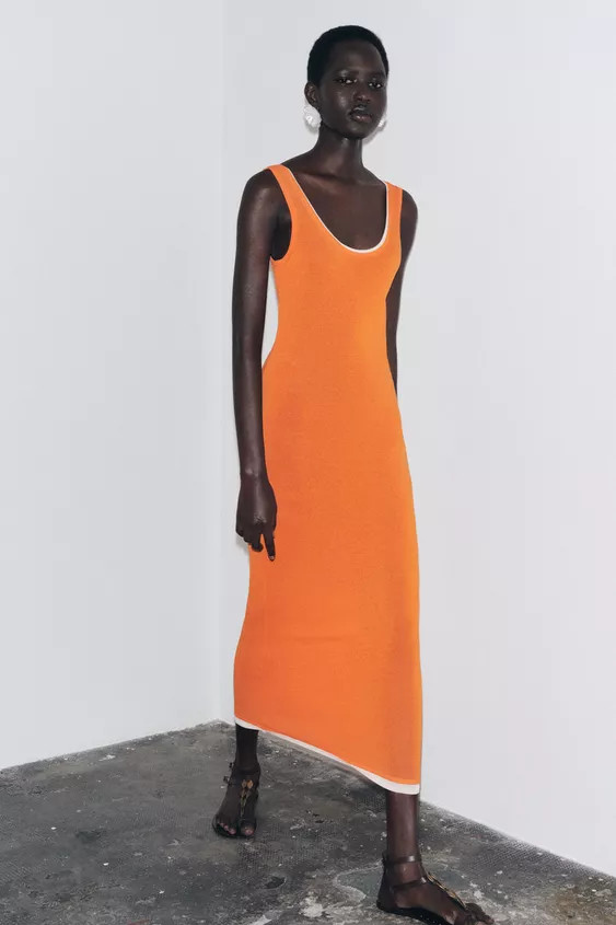 LONG KNIT DRESS WITH DOUBLE LAYER TRIM | Zara US