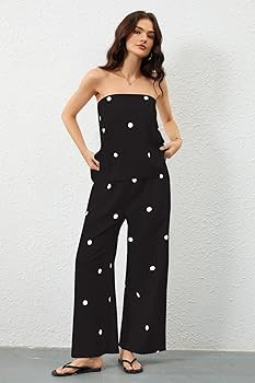 Women 2 Piece Outfits Polka Dot Summer Pants Set Strapless Tube Top High Elastic Waist Wide Leg P... | Amazon (US)
