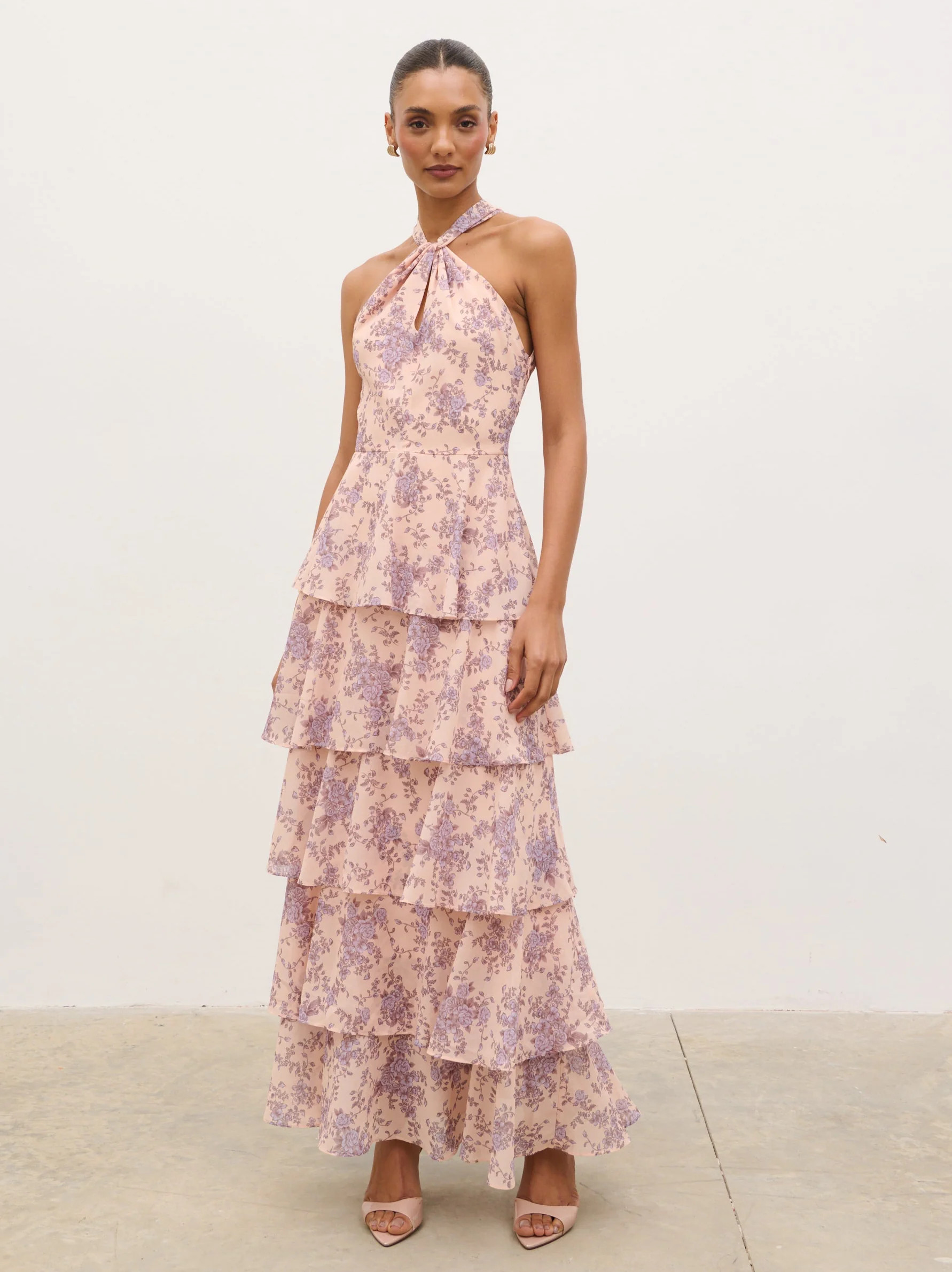 Hester Halterneck Ruffle Maxi Dress - Apricot & Lilac Floral | Pretty Lavish (UK)