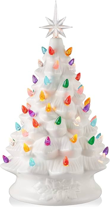 Casafield Hand Painted Ceramic Christmas Tree, White 15-Inch Pre-Lit Tree with 128 Multi Color Li... | Amazon (US)