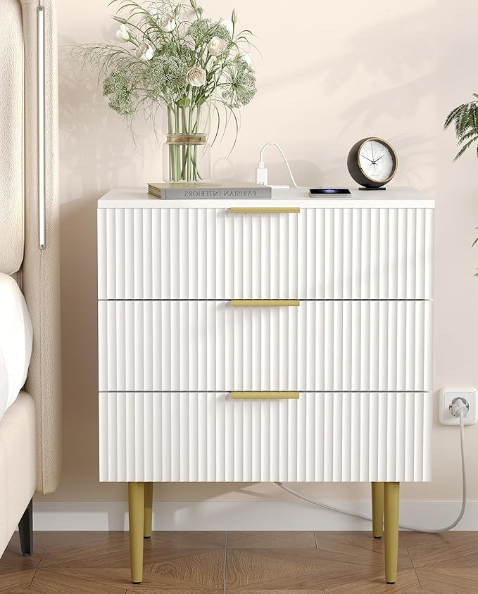 3 Drawer Nightstand with Charging Station, 23.2" W Large Fluted Night Stand, Modern Bedside Table... | Amazon (US)