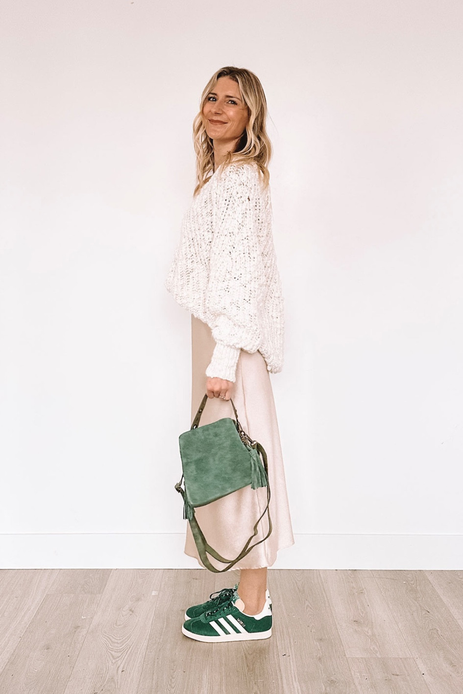 Green Adidas Gazelle - spring outfit inspo - I’ll be wearing this midi slip dress well into spring with tees and tanks and this small suede crossbody purse is gorgeous and comes in tons of colors!

#LTKshoecrush #LTKstyletip #LTKSeasonal