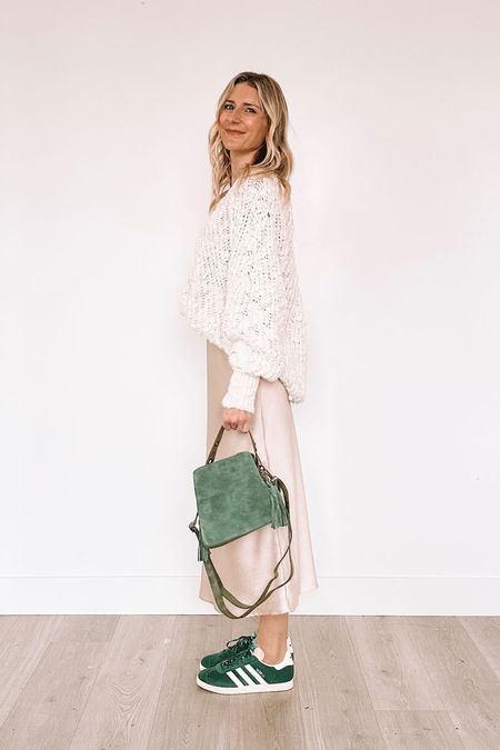 Green Adidas Gazelle - spring outfit inspo - I’ll be wearing this midi slip dress well into spring with tees and tanks and this small suede crossbody purse is gorgeous and comes in tons of colors!

#LTKshoecrush #LTKstyletip #LTKSeasonal