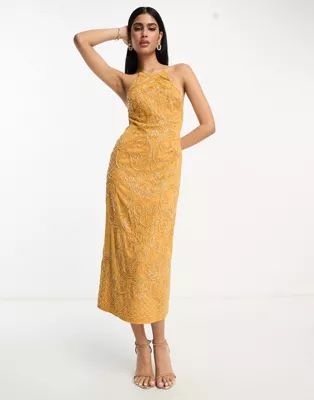 ASOS DESIGN embellished high neck midi dress with mirror beading detail in mustard | ASOS | ASOS (Global)