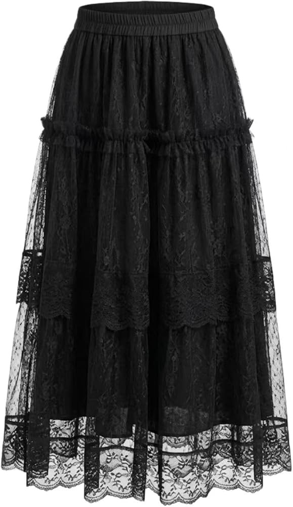 Women's Boho Tiered Lace Maxi Skirt Elastic High Waist A-Line Floral Embroidery Mesh Long Skirt | Amazon (US)