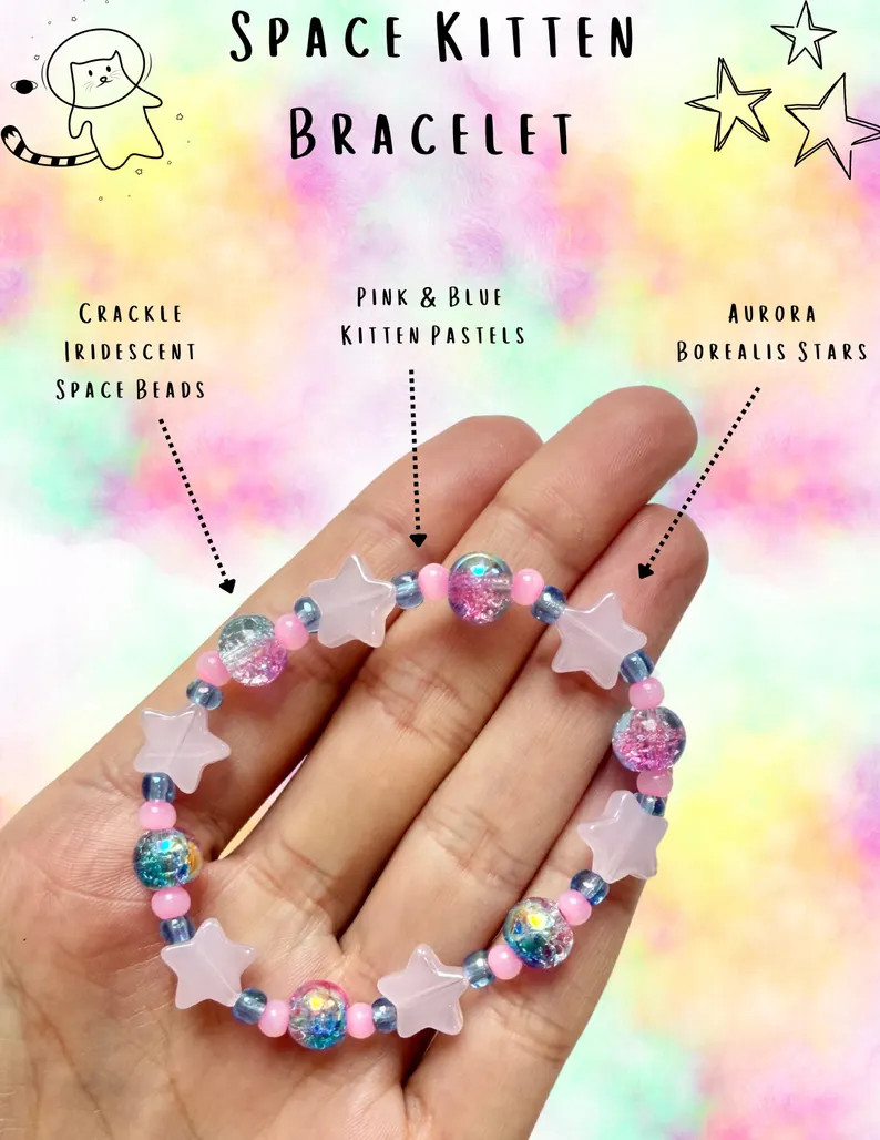 Space Kitten Stretch Bracelet - Celestial Kawaii Jewelry, Pastel Cosmic Gift - Etsy | Etsy (US)