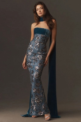 SAU LEE Adrian Strapless Embroidered Fitted Maxi Dress | Anthropologie (US)
