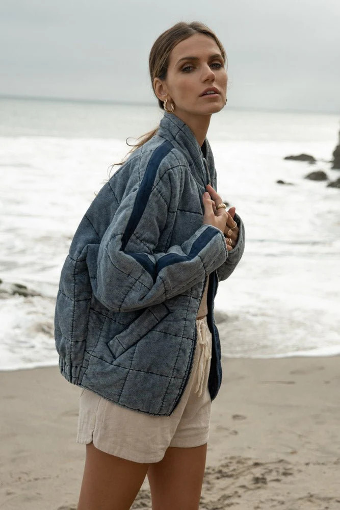 Acid Wash Quilted Bomber Jacket in Blue - böhme | Böhme US