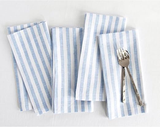 Solino Home Stripe Linen Napkins 20 x 20 Inch – 100% Pure Linen Sky Blue and White Cloth Dinner... | Amazon (US)