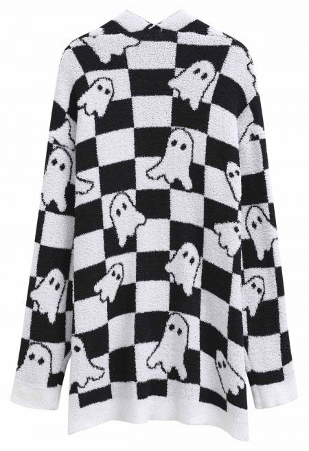 Checkered Ghosts Open Front Longline Knit Cardigan | Chicwish