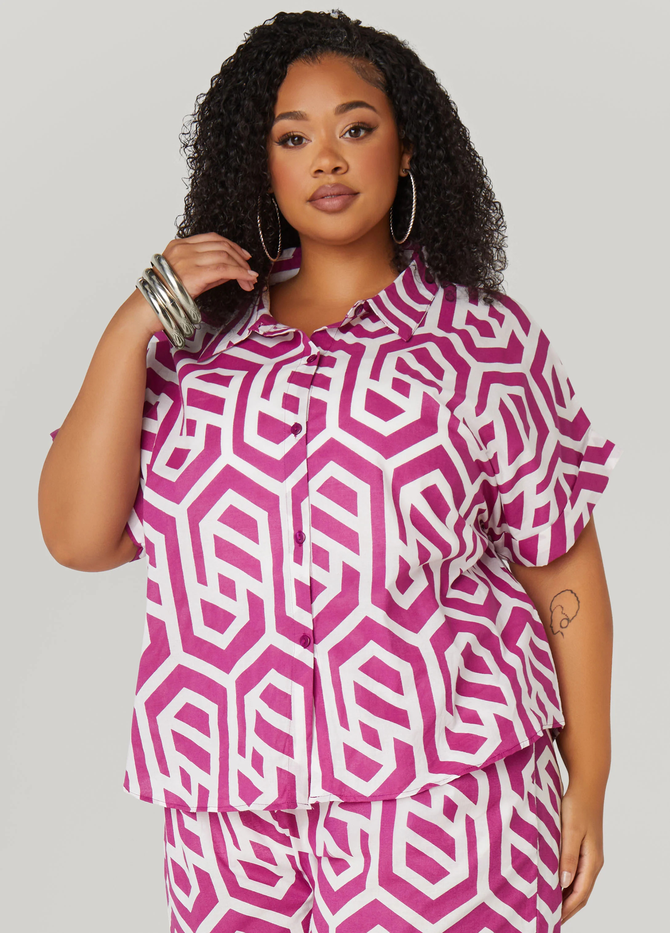 Geo Print Cotton Shirt | Ashley Stewart