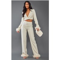 Tall Cream Faux Feather Trim Tailored Pants | PrettyLittleThing US