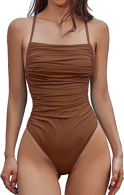 QINSEN Womens Spaghetti Strap Ruched Front Lace Up Back Cheeky Thong One Piece Swimsuit | Amazon (US)