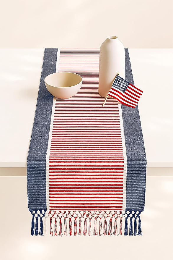 PurpleEssences 4th of July Table Runner - Wide with Dobby Stripe, Heavy Ribbed Weave & Double Kno... | Amazon (US)