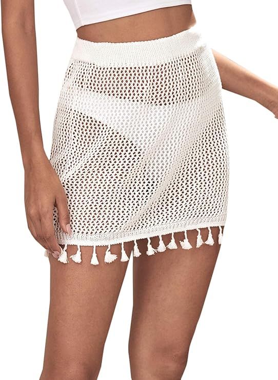 MakeMeChic Women's Tassel Knit High Elastic Waist Mini Cover Up Skirt for Swimwear | Amazon (US)