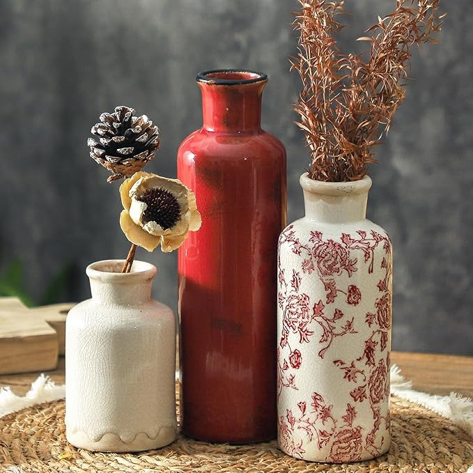 Vintage Vase Set of 3, Ceramic Vintage Flower Vases, Chinoiserie Decorative Home Decor Retro Flor... | Amazon (US)