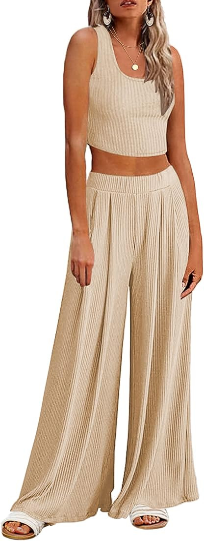 Ekouaer Women's 2 Piece Lounge Sets Ribbed Knit Crop Top Wide Leg Pants with Pockets S-XXL | Amazon (US)