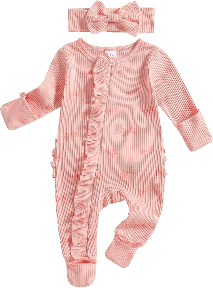 Baby Girl Newborn Clothes Fall Winter Hospital Coming Home Outfit Bow Long Sleeve Romper Zipper O... | Amazon (US)
