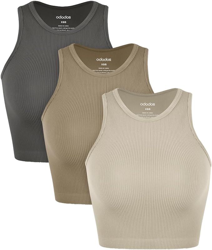ODODOS 3-Pack Seamless Crop Tank for Women Ribbed Soft High Neck Cropped Tops | Amazon (US)