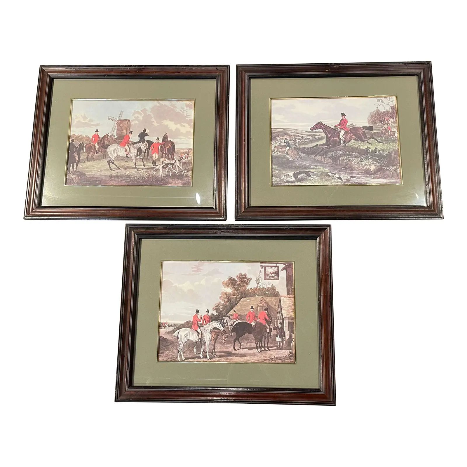 Early 20th Century French Framed Watercolor Hunt Scene Prints, Set of Three | Chairish