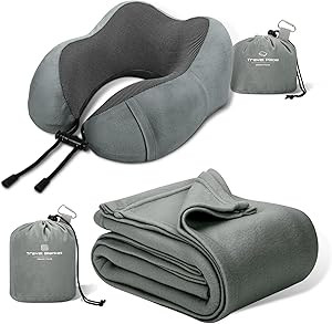 Travel Pillow and Blanket Set Neck Pillow Airplane Memory Foam and Compact Soft Airplane Blanket ... | Amazon (US)