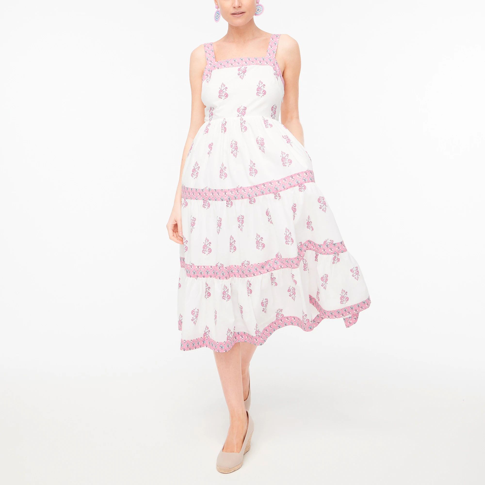 Block-print squareneck tiered midi dress | J.Crew Factory