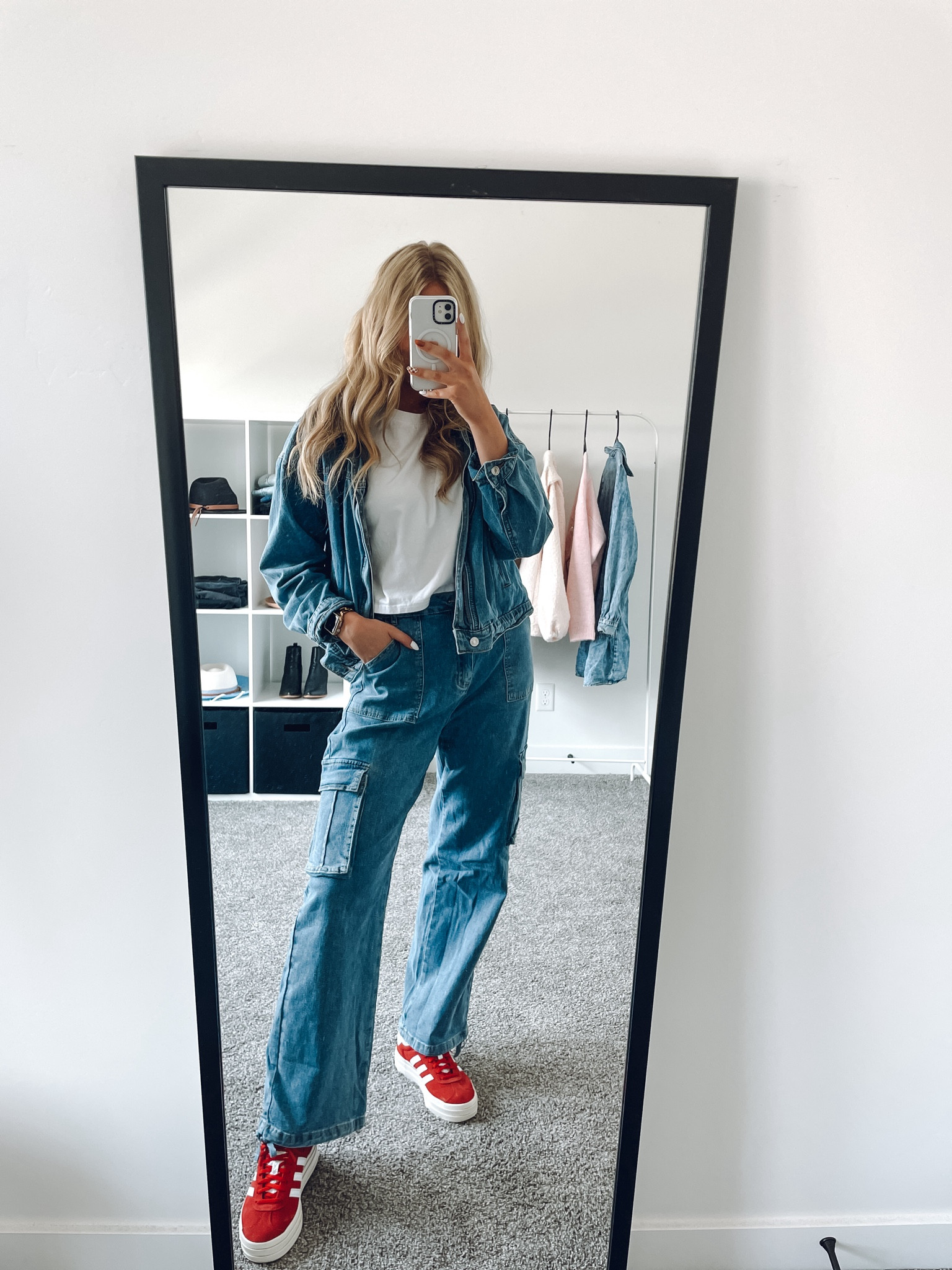 teacher outfit idea for casual Friday - what I would’ve worn this week!! Love a denim on denim look and the pop of red sneakers!

Jean jacket: I sized up one to L
white tee: wearing M
cargo jeans: sized up one to L for longer baggier fit but did have to use shoelace to tie waist 
red adidas: true to size & comfy 

| fall outfit | casual Friday outfit | teacher outfit | amazon fashion 

#LTKFindsUnder50 #LTKWorkwear #LTKSeasonal