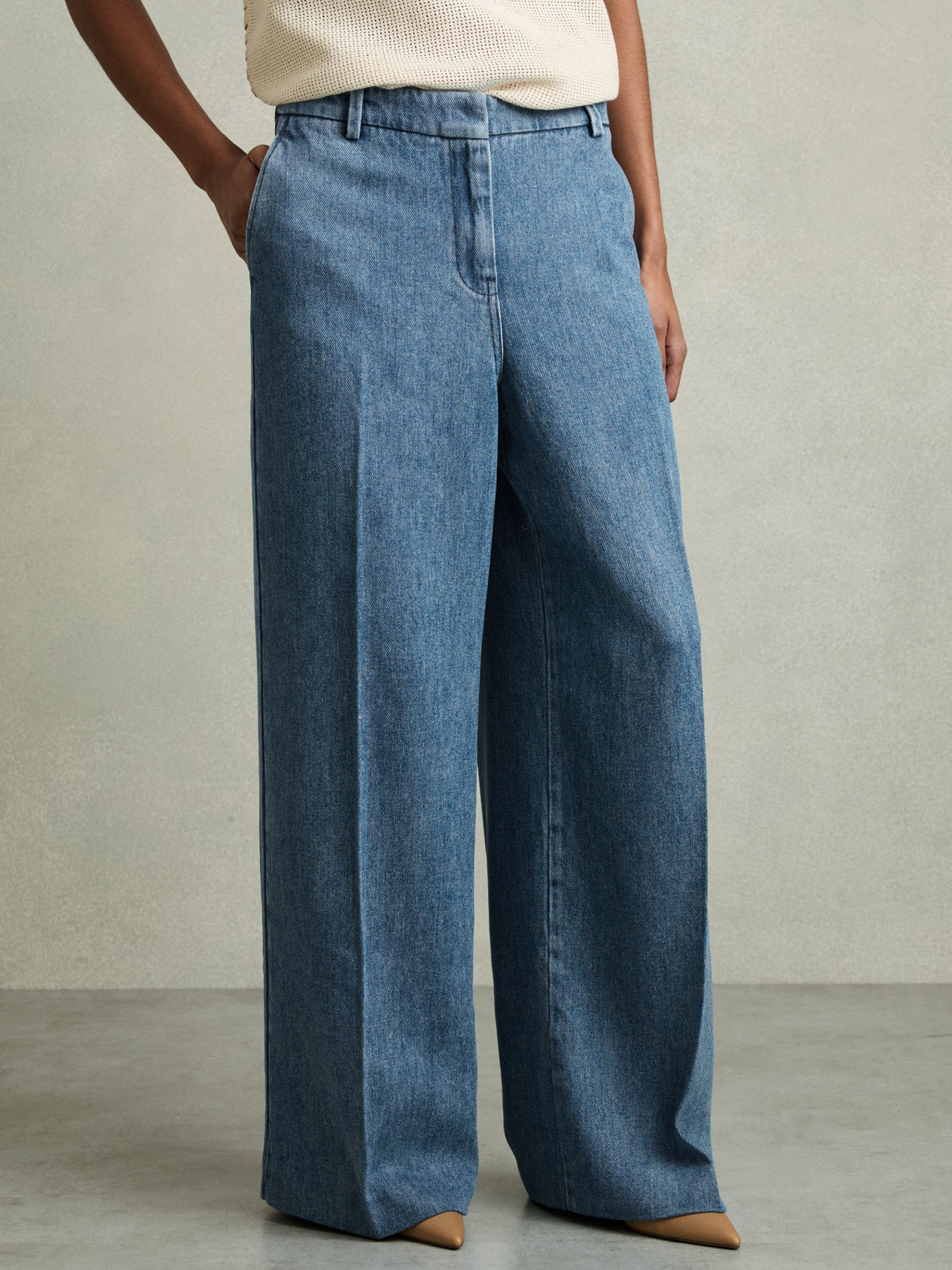 Petite Denim-Look Wide-Leg Trousers in Mid Blue | Reiss UK