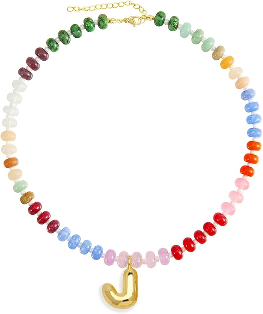 Elegant Boho Colorful Beaded Necklace with Gold Bubble Letter A-Z Pendant,Handmade Trendy Summer ... | Amazon (US)